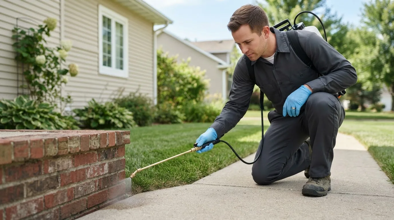 Pest control technician treating a home near Hollis, OK
