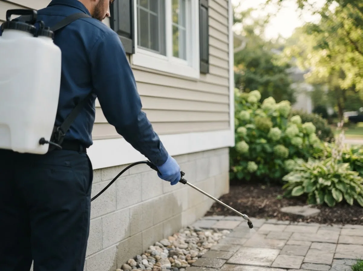 Pest control technician inspecting a home in Hollis, OK
